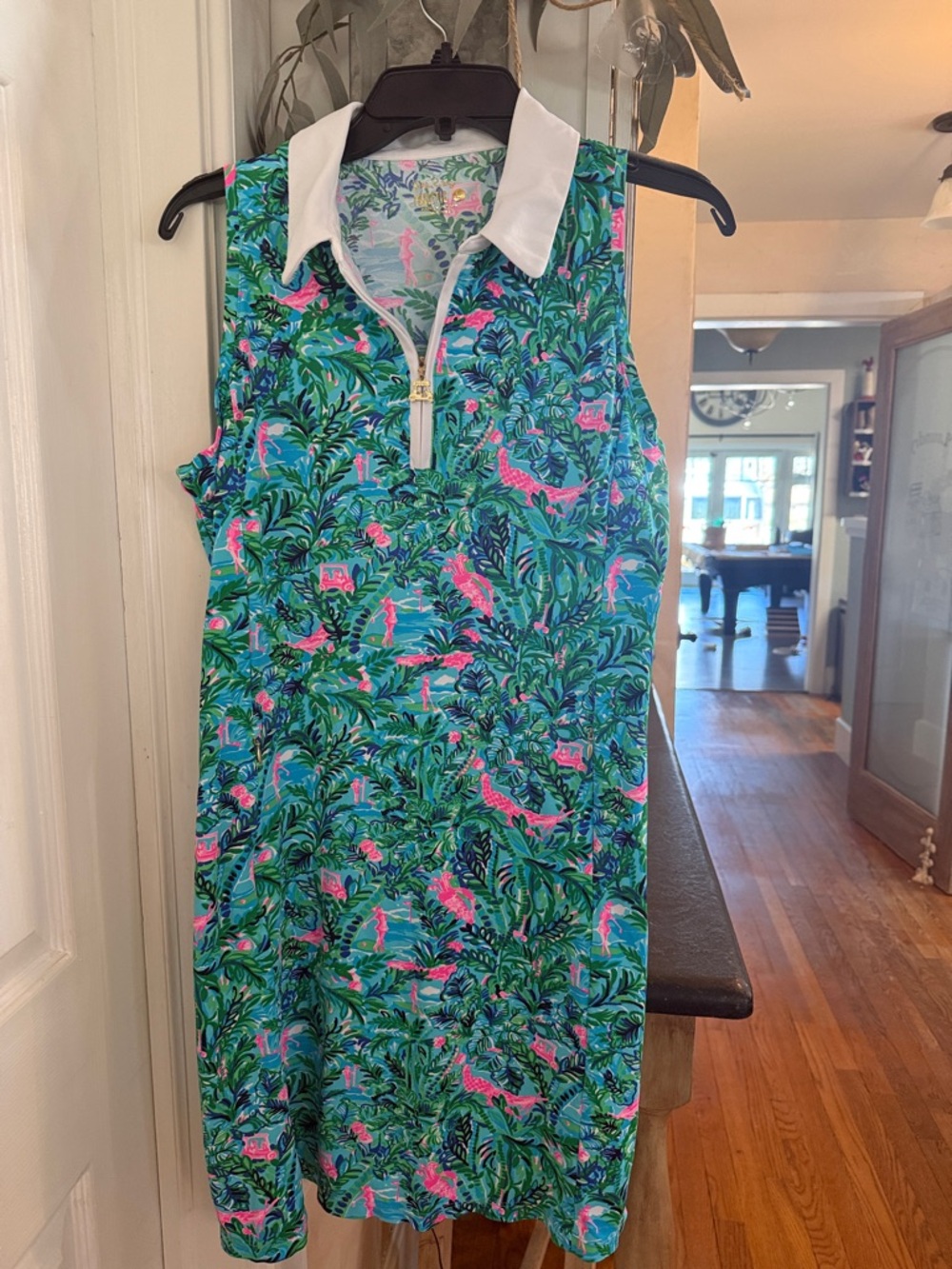 Lilly Pulitzer Luxletic Green Tropical Sleeveless Polo Dress with White Collar